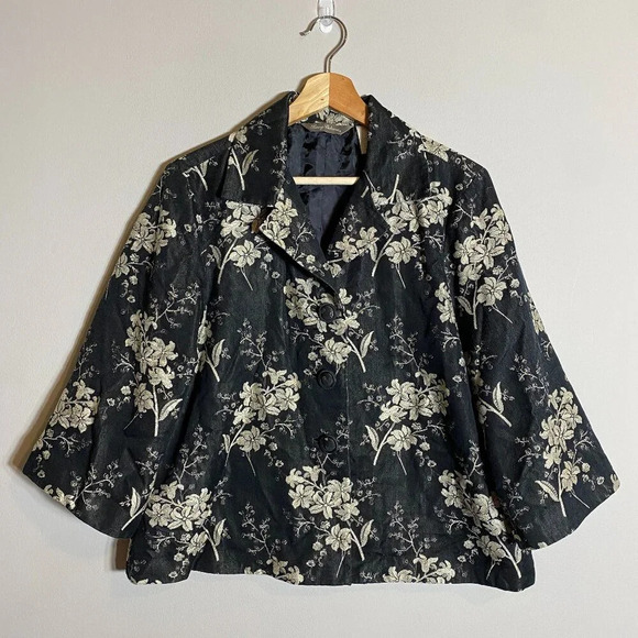 Tommy Bahama Silk Floral Print Bolero Jacket Women's Medium Black Ivory Blazer - Picture 3 of 14